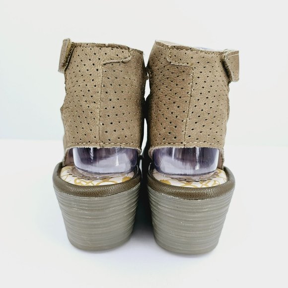 Fly London Yala Sandals 36 5.5 Perforated Suede Wedge Olive Green Taupe Peep Toe - Picture 7 of 13